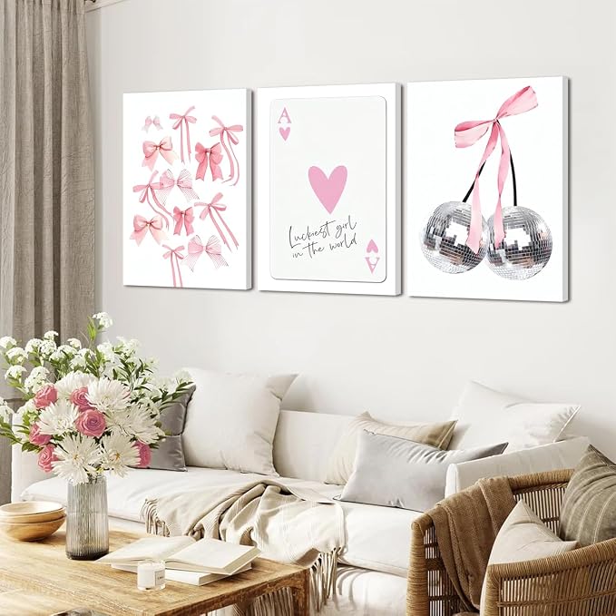 Trendy Pink Bows Wall Art Set of 3 Preppy Coquette Wall Decor Trendy Disco Ball Canvas Posters Prints Girly Aesthetic for College Apartment Bedroom Decoration Framed 16x24 In