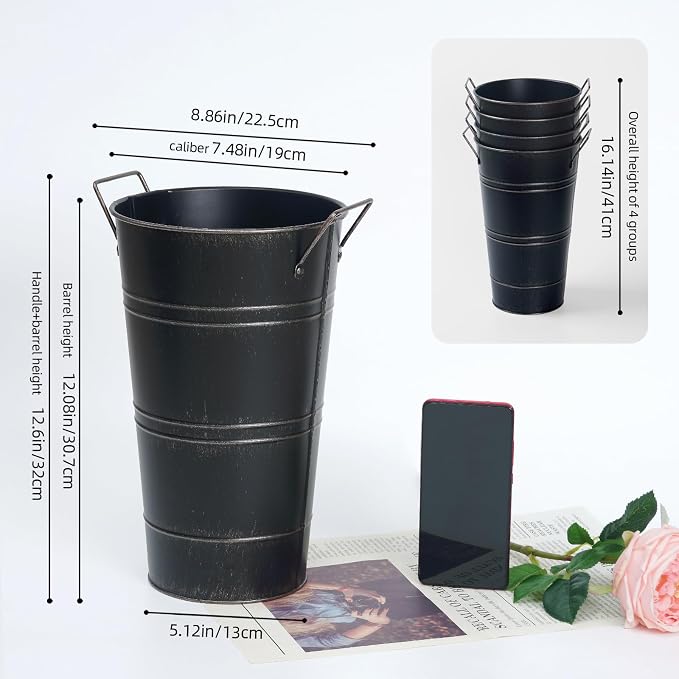 Notakia 12 Inch Large Galvanized Metal Vases Farmhouse French Flower Bucket Vases for Cut Flowers for Home Decor and Wedding Table Centerpiece Decorations (Large Blcak 4Pcs)