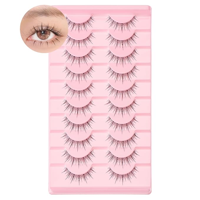 outopen 10 Pairs Manga Lashes Natural Look False Eyelashes Wispy Spiky Anime Lashes Korean Japanese Asian Style Cosplay Fake Eyelashes with Clear Band