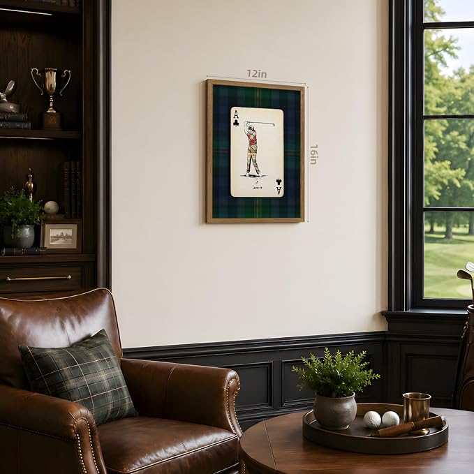 VziizV Vintage Golf Wall Art, Playing Card Golfer Wall Decor, Retro Plaid Sports Artwork, Rustic Farmhouse Golf Poster Print for Office Man Cave Game Room Living Room Wood Framed 16x24 Inch
