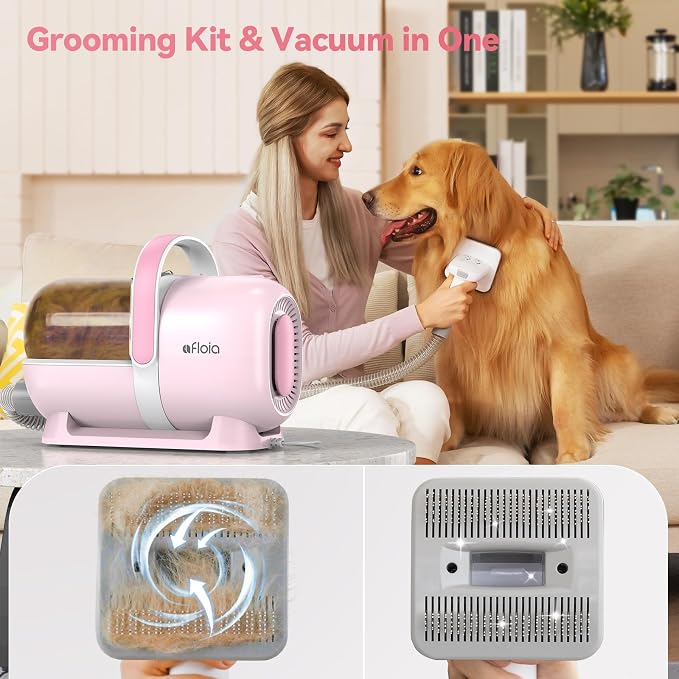 Afloia 6-in-1 Dog Grooming Kit, Pet Grooming Vacuum for Shedding, Dog Hair Vacuum with Clipper Nail Trimmer Grinder, Pet Brush Groomer at Home, Low Noise Cats Hair Remover, 1.5L Dust Cup, Pink | All-in-one grooming covers brushing, clipping, trimming a...