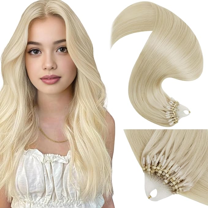 LaaVoo Microbead Hair Extension Human Hair Bleach Blonde Microloop Hair Extensions Human Hair Microlink Extensions Blonde Cold Fusion 50g 50s 16 Inch