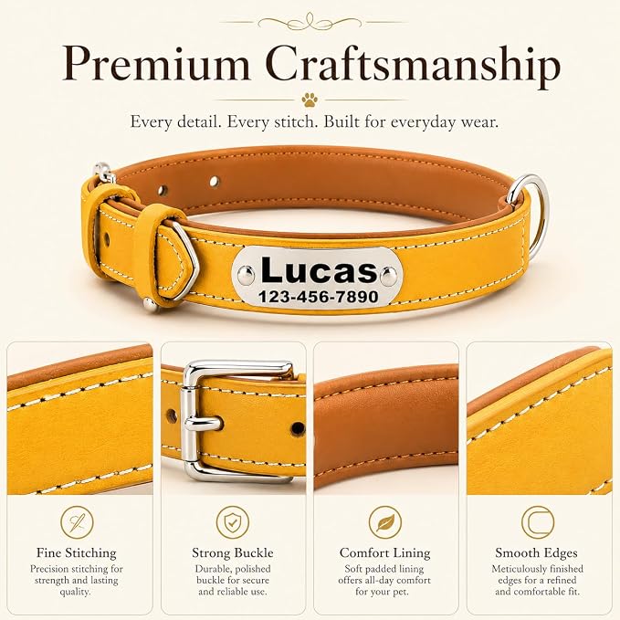 Personalized Genuine Leather Dog Collar with Name Phone Number-Yellow-L