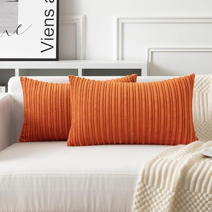 UGASA 14x20 Inch Pillow Cover Pack of 1 Soft Boho Stripe Corduroy Long Rectangle Lumbar Cushion Case Farmhouse Decorative Throw Pilowcase for Bed, Couch, Sofa, Bedroom, Living Room, Dark Orange