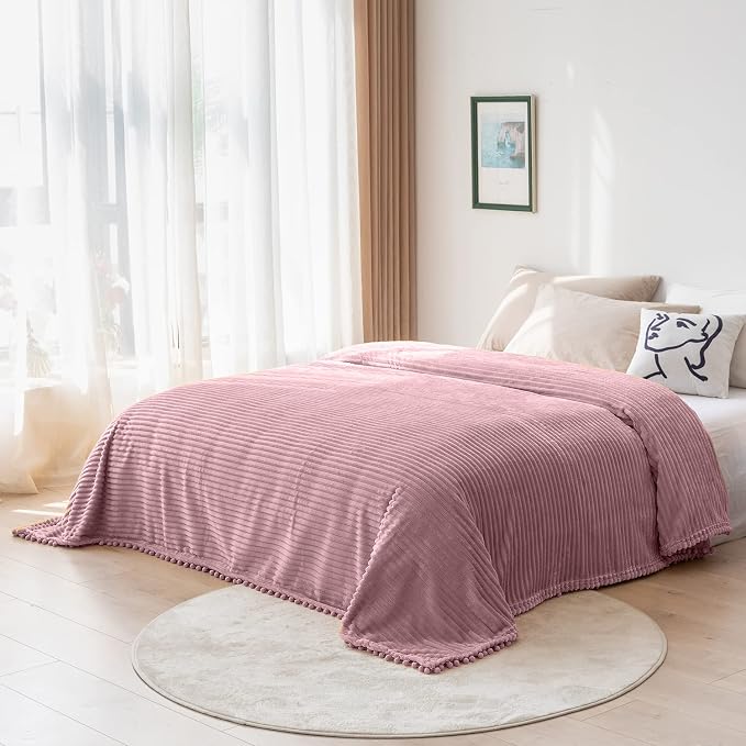 DISSA Fleece Blanket Throw Size – 51x63, Pink – Soft, Plush, Fluffy, Fuzzy, Warm, Cozy – Perfect Throw for Couch, Bed, Sofa - with Pompom Fringe - Flannel Blanket Throw Blanket