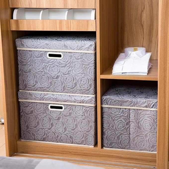 Larger Collapsible Storage Box with Lid [1-Pack] Fabric Decorative Storage Bin Cube Organizer Container Basket with Cover Handles for Bedroom Closet Living Room Gray 17.7x11.8x11.8 Inch