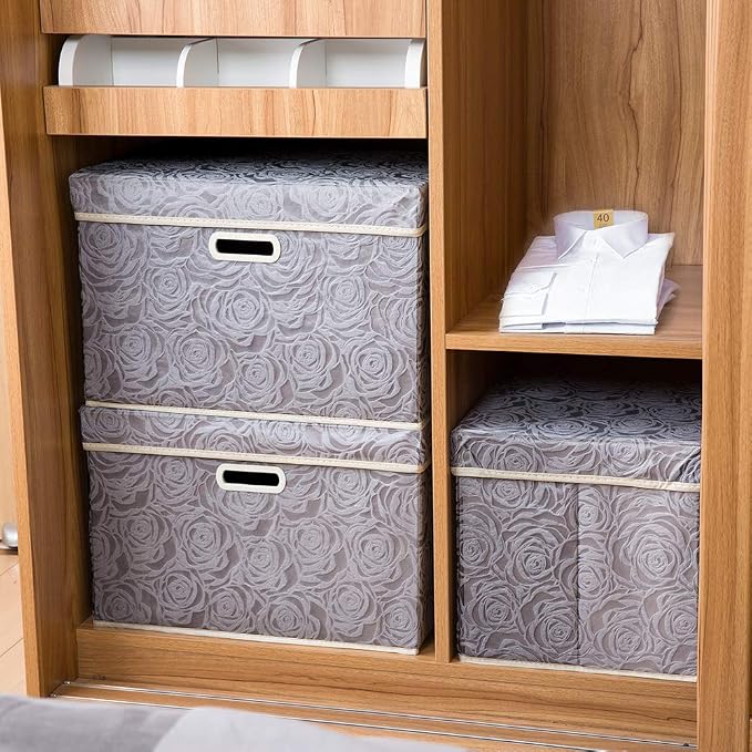 Large Storage Boxes with Lids [5-Pack] Fabric Decorative Storage Bins Cubes Organizer Containers Baskets with Handles for Closet Grey 17.5x11.8x11.8 In For 6+ Year Old Boys and Girls