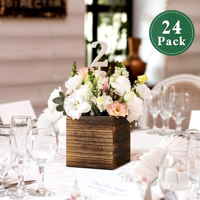 24 Set Wood Cube Planter Box Square Wood Vase Rustic Cube Planter Box with Removable Plastic Liner Floral Foam Blocks for Centerpieces Home Wedding Garden Decor, Country Style (Brown)