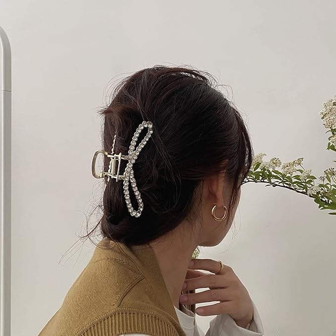 Metal Hair Clips Imitation Pearl Rhinestone Non Slip Hair Claw Clamps Barrettes Decorations for Thin Thick Hair, Crystal Bow Hairpin for Women Girls (2 Pack)