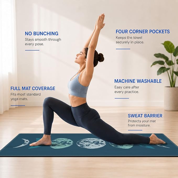 Yoga Mat Towel, Hot Yoga Non Slip with 4 Corner Pockets, 74 x 26 in | Soft Absorbent Microfiber With Four Corner Pockets, Fits Over Yoga Mats For Hot Yoga, Pilates, Gym, And Travel