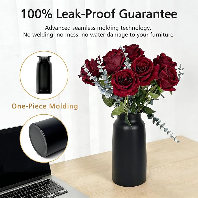 Black Seamless Wide Mouth Metal Flower Vase, 10.8" Modern Unique Home Decor Centerpiece Elegant Rose Cylinder Decorative Vases for Living Room Entry Table Office Desk Bathroom Shelf, Wedding Gift