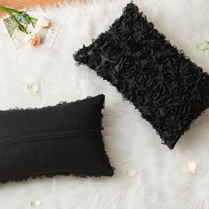 MIULEE Decorative Rose Flower Pillow Cover Pack of 1 Black 12x20 Inch | Cute Romantic Stereo Chiffon Throw Pillow Cover Aesthetic Solid Pillowcase for Girl Coquette Room Decor Coach Bedroom