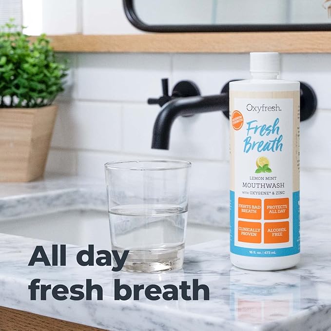 Oxyfresh Lemon Mint Fresh Breath Mouthwash – Bad Breath Treatment – SLS & Fluoride Free – Alcohol Free, Gentle Nonburning with Xylitol & Essential Oils – 16 Fl Oz