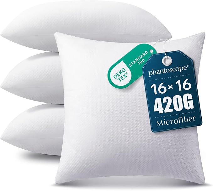Phantoscope 16x16 Pillow Inserts, Throw Pillow Inserts for Couch, Pack of 4 | 100% Virgin Fiber Hypoallergenic Pillow Form, Soft Throw Pillow Inserts, Lightweight Throw Pillows for Couch Bed Pillows