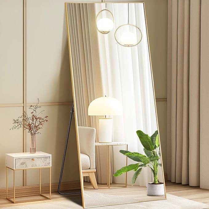DUMOS 26"x68" Full Length Mirror with Stand, Full Body Floor Mirror | Free Standing or Wall Mount, Nano Glass Aluminum Frame, Hanging or Leaning, Modern Simple Home Decor, Gold