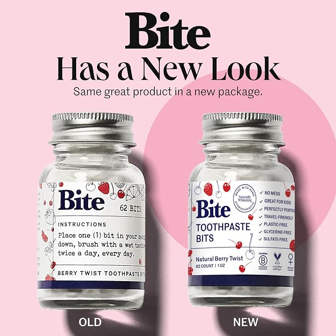 Bite Whitening Toothpaste Tablets – 2 Months – Fluoride Free, Nano Hydroxyapatite + Xylitol, Berry Twist – Vegan, Cruelty-Free, Made in USA, Sensitive Teeth, Travel Size, (2 Bottles, 124 Tabs)