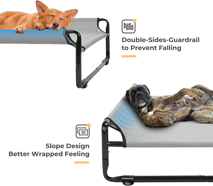 Veehoo Outdoor Elevated Dog Bed, Cooling Raised Dog Beds for Medium Dogs | Washable Dog Cot with Headrest Sides, Non-Skid Feet, Breathable Mesh, Cooling Pet Hammock for Indoor or Camping, 35", Grey