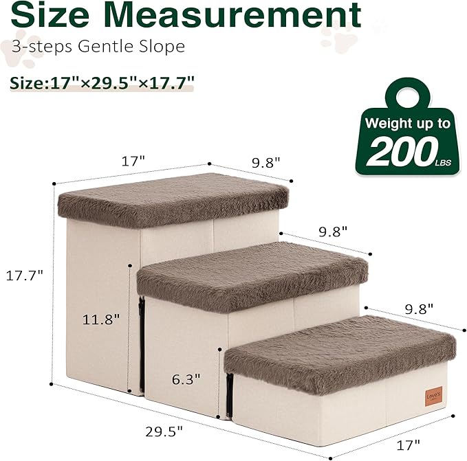 Love's cabin Dog Stairs for High Bed, Foldable Pet Stairs for Small Medium or Large Dogs Puppy with Storage for Bed or Couch, Cat Dog Steps Ramp with Zip up to 200 lbs, Brown, 3 Steps
