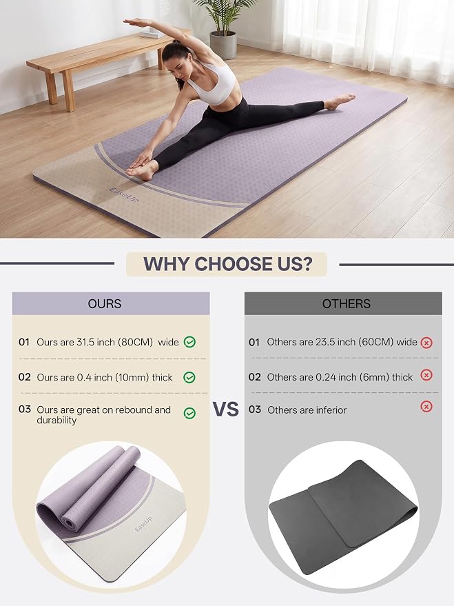 EaseUp Extra Thick Yoga Mat -2/5 inch (10MM), 72.8x31.5" Extra Long-Wide, Professional TPE Non-slip yoga mats for Yoga,Exercise, Workout,Pilates and Fitness, with strap