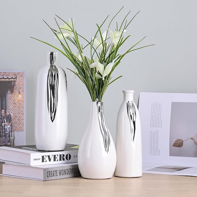 White and Silver Vase Set of 3, Modern Ceramic Decorative Vases for Living Room, Bedroom, Art Decor, Mantle, Home Event Decor, Office Decorative, Weddings, Rustic & Farmhouse (White Silver)