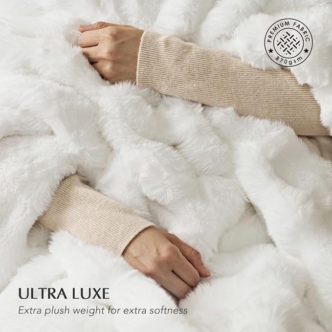 Faux Rabbit Fur Bubble Throw Blanket, 60"x80", Bright White | Ultra Soft, Luxury Faux Rabbit Fur Throw, Thick Warm Bubble Blanket, Cozy Fluffy Reversible, for Bed, Couch, Chair, Sofa