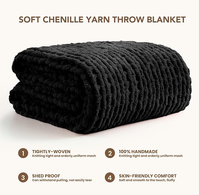 L'AGRATY Chunky Knit Throw Blanket for Couch, 50'' x 70'' Knit Throw, Black | Handmade Chenille Crochet Blanket for Sofa Bed, Thick Cable Knitted Blankets for Room Home Decor, Birthday Gift for Women Mom