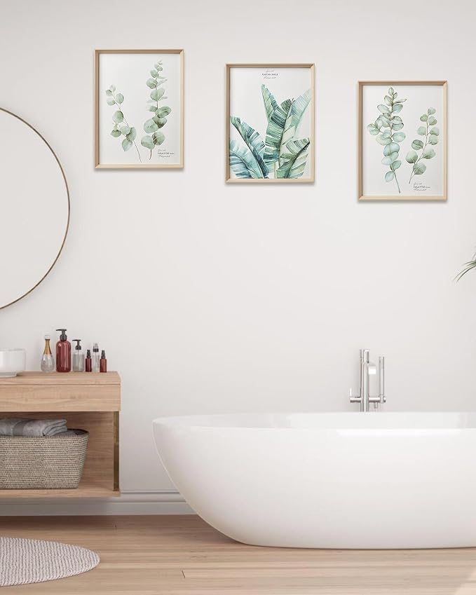 12x16IN Green Plant Eucalyptus Leaf Framed Wall Art, Set of 3 | Minimalist Botanical Canvas Prints for Living Room, High-Framed Wood Design Flower Artworks Poster for Bathroom Bedroom