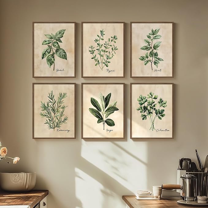 Framed Rustic Sage Green Botanical Wall Art for Kitchen, 6 Piece 11x14 In | Modern farmhouse wall decor, Herb spices plant leaf pictures, Canvas prints, Living room bedroom dining room artwork