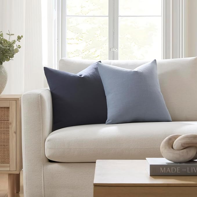 Meekio Set of 2 Midnight Blue Throw Pillow Covers 20x20, Modern Farmhouse Linen Blend Decorative Pillow Covers for Couch Sofa Bed, Neutral Home Decor