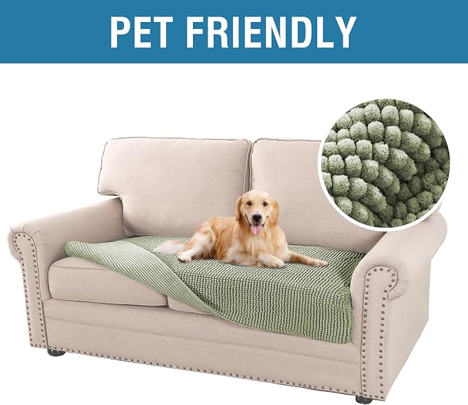 H.VERSAILTEX Plush Chenille Dog Bed Cover Thick Soft Sofa Covers Loveseat Cover for 2 Cushion Couch Anti Slip Couch Cover Furniture Protector for Dog, Pet, Cat (35" x 62", Sage)