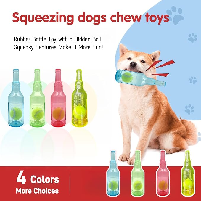 Tennis Ball in Bottle Dog Toy [2025 New Upgrade] Reinforced and Thickened Rubber Bottle Dog Chew Toy with Ball Squeaky Fetch Toy Tough (Red, Large)