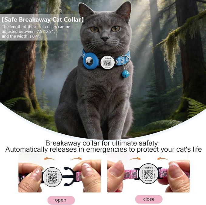 2 Pack Airtag Cat Collar, Breakaway Cat Airtag with Smart ID tag & QR Code Reflective (Star Moon & Paw Pattern - Blue, with Integrated AirTag Holder)