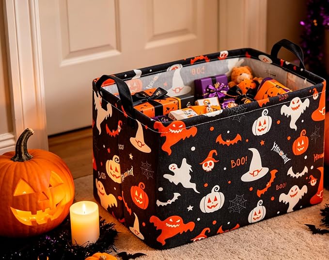 CLOCOR Rectangular Storage Basket Empty,Gift Basket,Waterproof Storage Bin with Handles,Room Decor(Black Halloween Basket)