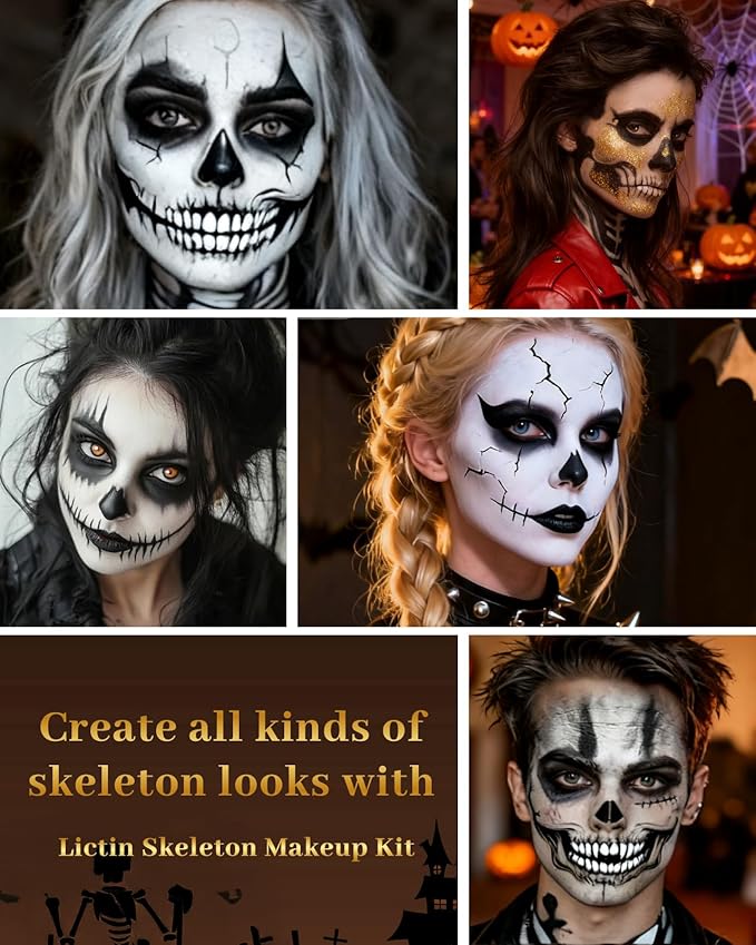 Lictin Black and White Face Body Paint with Gold Glitter Gel, Zombie Skeleton Makeup Face Paint, Professional Make Up Kit for Halloween, Costume, Cosplay, Carnivals for Adults & Kids