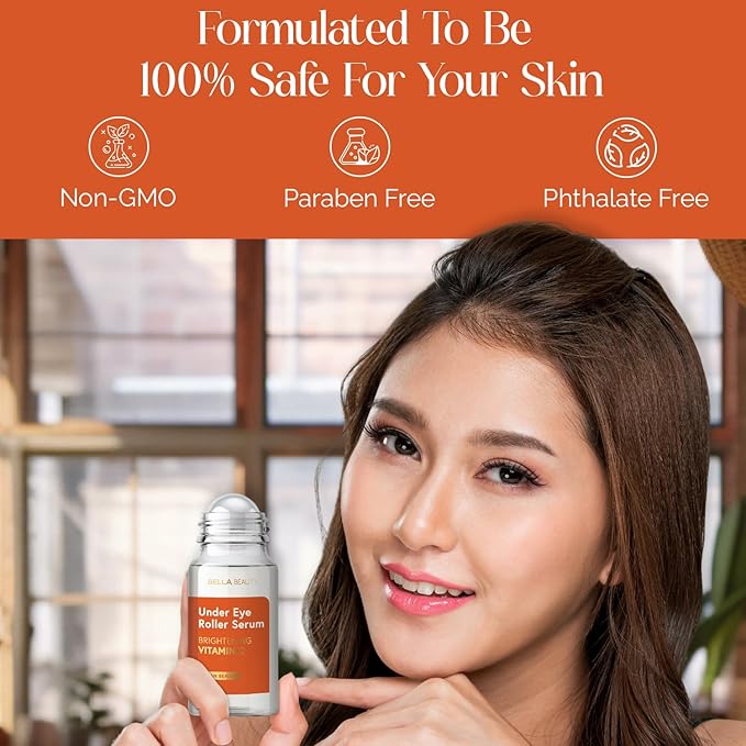 Bella Beauty Eye Roller Serum with Vitamin C & Niacinamide - Reduces Puffiness, Fine Lines & Dark Circles - Anti-Aging, Dermatologist Tested, Korean Skin Care for All Skin Types - 1.69 Fl. Oz