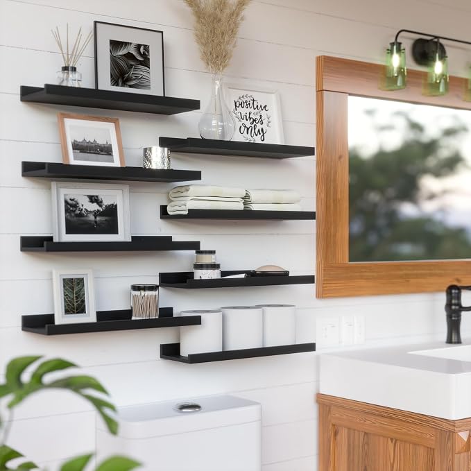 RICHER HOUSE 8-Set Floating Shelves with Lip, Black Wall Mounted Wood Shelf | Display Picture Ledge Shelf, Anti-drop lip Shelf for Room Wall Decor, Bedroom Bathroom Storage Nursery Hanging Book Shelves