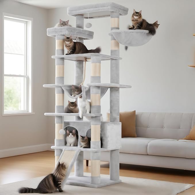 Heybly Tall Cat Tree 78-inch Multi-Level Cat Tower for Indoor Cats HCT033W | Cat Condo with 2 Widened Plush Perches, Multi-Level Cat Furniture with Scratching Board, Big Caves, Light Gray