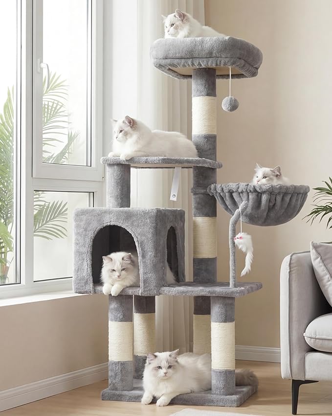 Heybly Cat Tree with Toy, 43.3 inch Cat Tower for Indoor Cats HCT004SW | Cat Condo with Durable Sisal Scratching Posts, Cat House with Padded Plush Perch, Cozy Hammock, Light Gray