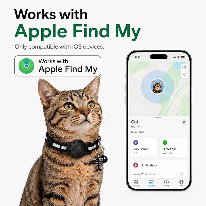 Cat GPS Tracker Collar, Pet Tracker for Cats (iOS Only), Waterproof Smart Tag Compatible with Apple Find My, No Monthly Fee, Tracking Collar for Small Large Cats (Tracker for cat)