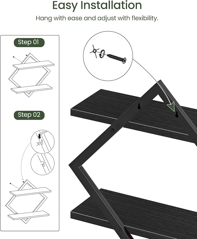 Floating Shelves, Set of 2 Wall Shelves, 2-Tier Hanging Shelves, Wall Shelf Set of 2, Wall Mounted Shelves, for Living Room, Bedroom, Kitchen, Office, Study, Black TBJ01P2BB