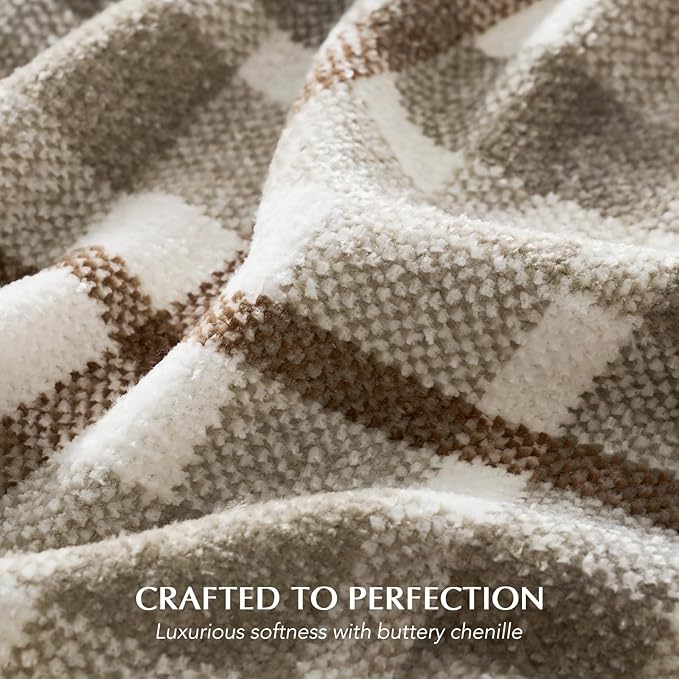 Plaid Chenille Knit Throw Blanket for Couch, 60"x80", Beige | Super Soft Knitted Throw with Tassels, Cozy, Decorative Farmhouse Plaid, Lightweight, Ideal for Bed Sofa Gift Home Decor