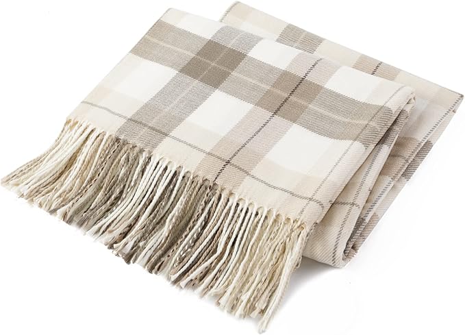 Fall Plaid Throw Blanket for Couch, Farmhouse Throw Blanket 49"x63" | Lightweight Beige Throw Blanket, Super Soft WovenThrow with Tassels, Cozy, Neutral Fall Decor Home Decor