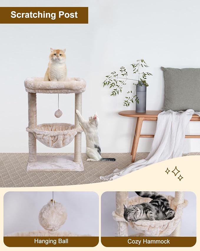 SYANDLVY Small Cat Tree for Indoor Cats, Activity Cat Tower with Scratching Post for Kittens, Cat Furniture with Basket & Hanging Ball for Play Rest, Beige | Scratching Post, Cat Furniture with Basket & Hanging Ball for Play Rest, Beige