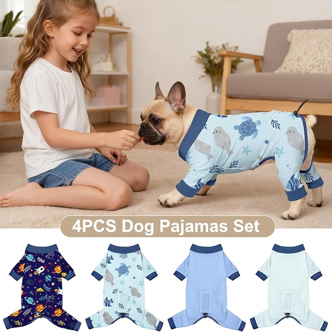 Bienbee Dog Pajamas, 4 Pack Adjustable Onesies for Small to Large Dogs L | Dog Shedding Suit with Soft Fabric, Breathable & Stretchy, and Adjustable Back Length for Sleeping Lounging and Daily Use