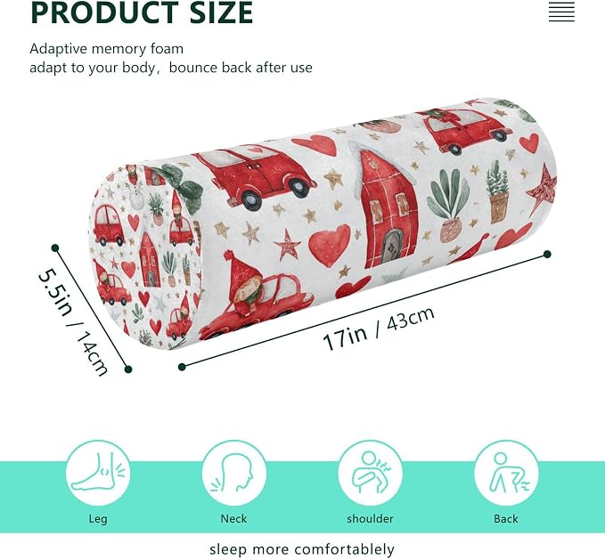 Watercolor Christmas Elves Stars White Neck Roll Pillow Bolster Round Health Memory Foam Long Cervical Cylinder Pillows with Removable Washable Cover for Body Bed Legs Back Yoga