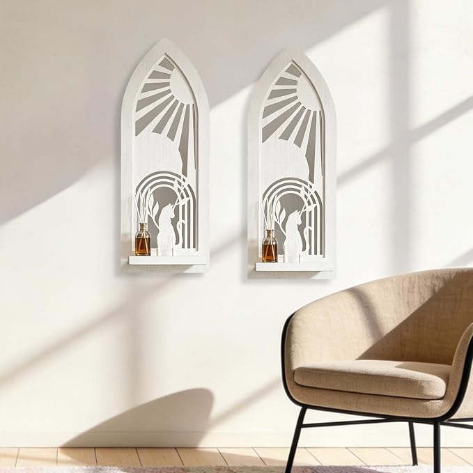 ZEXUIRU 2 Set Rustic Candle Sconces Living Room Bedroom Entryway Wood Mirrored, Farmhouse, Carved Frame Wall-Mount Wooden Candle Holders Wall Decor Hanging Handmade Holder - Distressed White