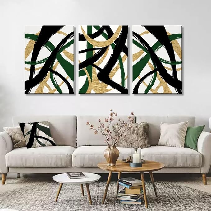 3 Pcs Framed work Abstract Lines Canvas Wall Art Modern Black, Green, Gold Geometric Brushwork Prints Posters Abstract Line Images Framed gallery packaging artwork for living room prints bedroom office and home decor 16X24Inch