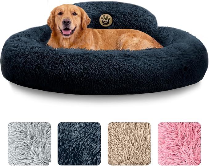 PetJett Dog Beds Large Sized Dog - 36'' Calming Round Bed, Washable Dog Bed - Anti-Slip Super Soft Donut Bed, Fluffy Faux Fur Anti-Anxiety Premium Comfort Pet Bed, Fits Dogs up to 80 lbs - Dark Grey