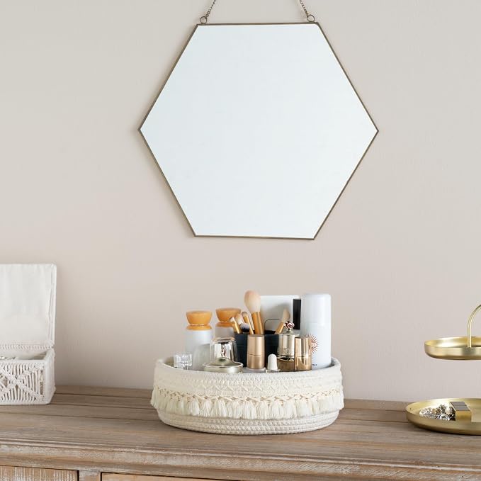 Mkono Makeup Perfume Organizer, Boho Decor Macrame Storage Basket, Ivory | Dorm Bedroom Decor, Hand-Woven Small Basket, Decorative Skincare Cosmetics Holder, Vanity Dresser Bathroom Office