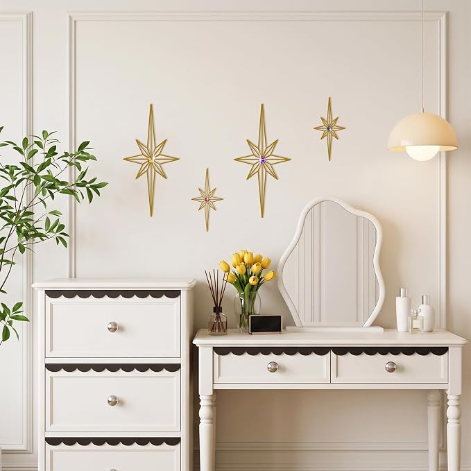 sxnzequnze 4 Pcs Star Wall Art for Home Decor Living Room Bedroom Office Metal 3D,Bling,with Hanging Hook Starburst Midcentury Sculpture Retro Gallery Accent Celestial -Gold 16.5in/9.4in